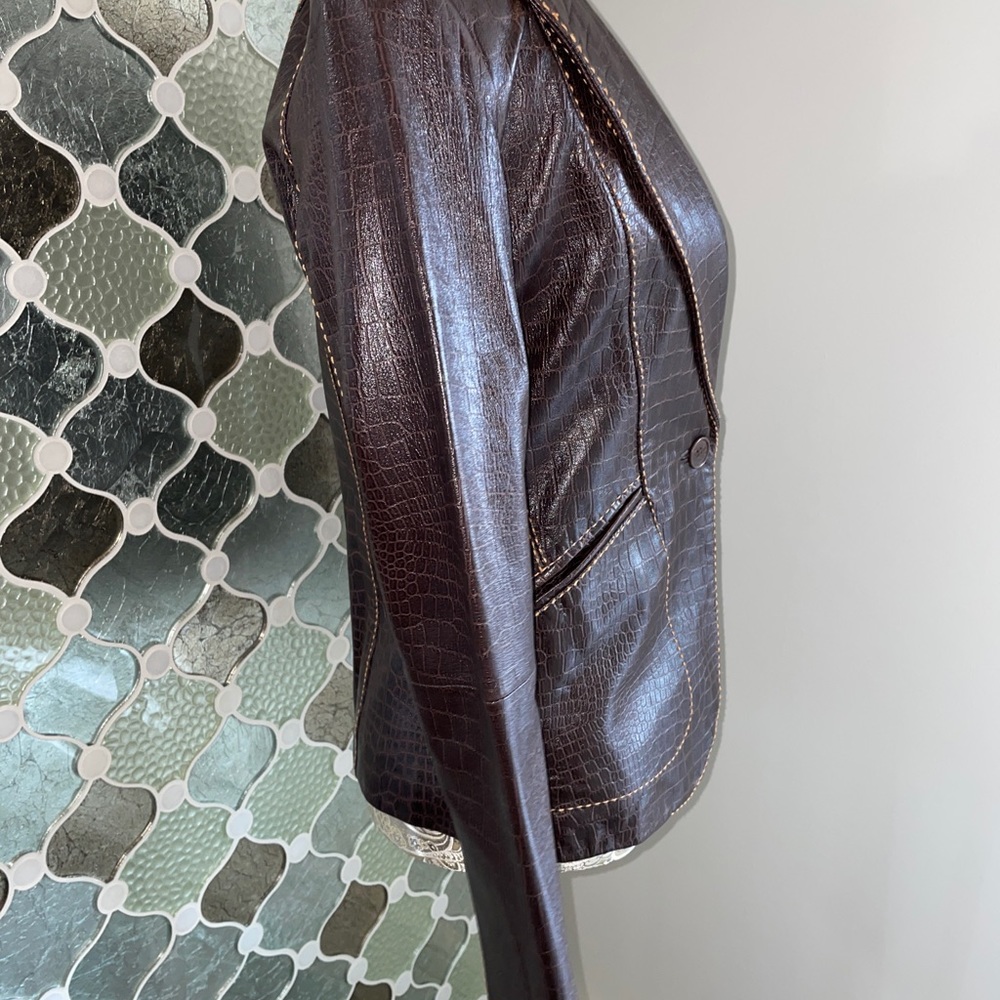 Cache Crocodile Embossed Brown Leather Blazer 2 - image 3